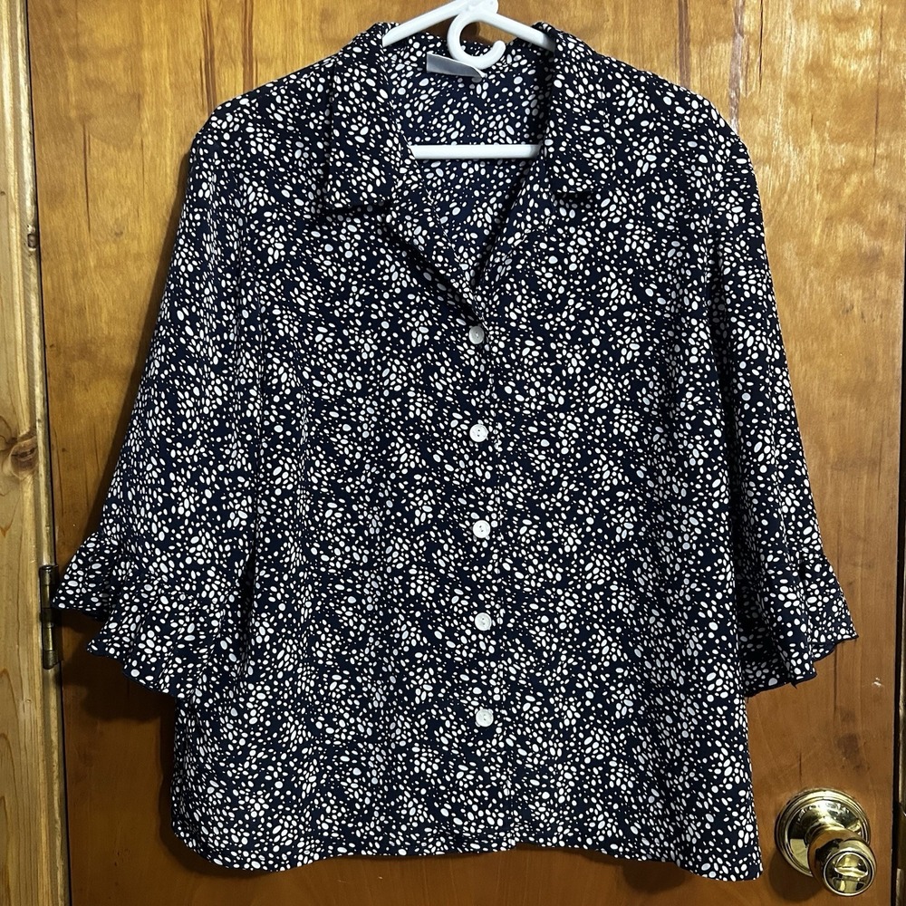 Blair Womens‎ L/XL Navy White Polka Dot 3/4 Ruffled Sleeve Blouse Shirt